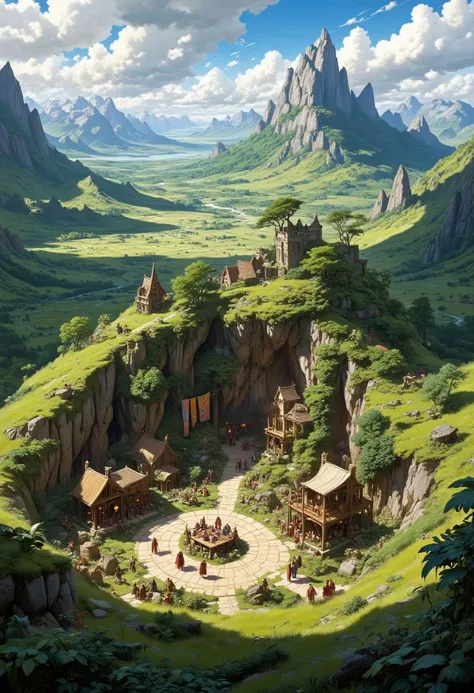 aidmaMJ6.1.
A Hobbit village is nested in a valley of green fields surround by mountains. a group of villagers are gathered around the central town hall having a festival. There are banners and colorful decorations everywhere.