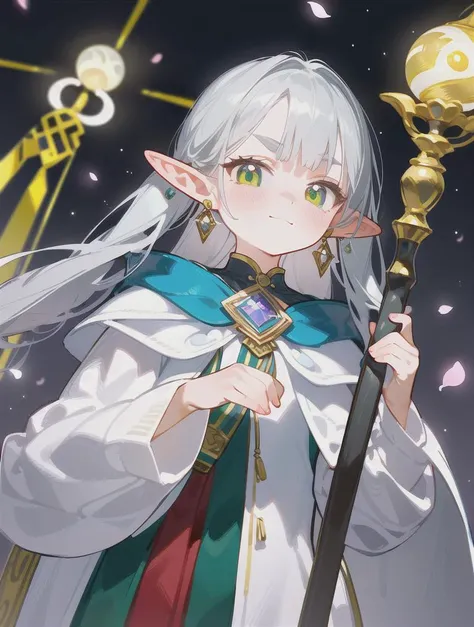 1girl,capelet,closed mouth,dangle earrings,earrings,elf,falling petals,frieren,gold trim,green eyes,grey hair,highres,holding,holding staff,jacket,jewelry,light blush,light smile,long hair,long sleeves,looking at viewer,lukrevadraws,mage staff,parted bangs...