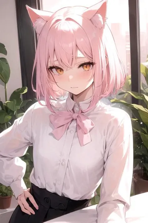 pastel pink hair, pure white skin, cat girl, fluffy cat tail, cute, adorable, small breasts, dot nose, orange eyes
profusely blushing, short hair, naked, squirting
cum on body, excessive cum, bukkake