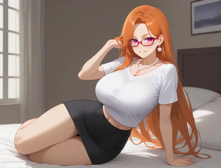 score_9, score_8_up, score_7_up, best quality, highest score, lineart, 1girl, solo, (long hair:0.8), orange hair, parted bangs, straight hair, purple eyes, semi-rimless eyewear, red-framed eyewear, earrings, jewelry, pearl necklace, t-shirt, white t-shirt,...