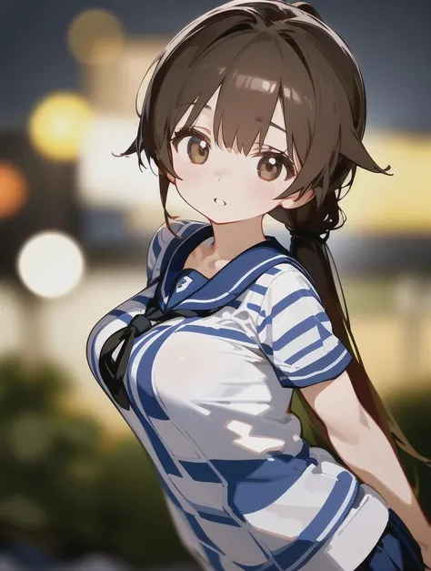 cinematic photo 1girl,alternate costume,arms at sides,breasts,brown eyes,brown hair,employee uniform,highres,kaga (kantai collection),kantai collection,large breasts,lawson,long hair,looking at viewer,parted lips,side ponytail,striped blouse,tai (nazutai),...