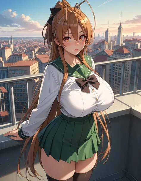 <lora:Rei_Miyamoto_Dwnsty:0.9>, rei_miyamoto, brown hair, brown eyes, very long hair, antenna hair, hair between eyes, ponytail, school uniform, long sleeves,  green skirt, serafuku, black thighhighs, zettai ryouiki, black bow, ,balcony, cityscape, sky, , ...