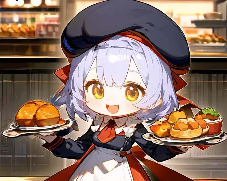 (anime), <lora:Noelle-v7.8:0.5:0.8>6+girls, chibi, kfc costume, beret, holding tray of food, smile, open mouth