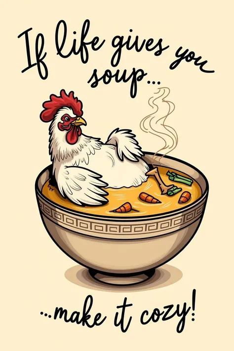 An old-school tattoo-style illustration featuring a chicken lounging comfortably in a steaming bowl of soup. The chicken is depicted in a humorous, laid-back pose, leaning against the rim of the bowl with one wing resting casually behind its head, while th...