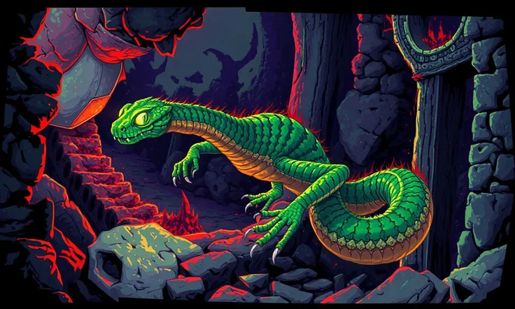 Glitchcore Art Style, retro game art pixel-art. In a medieval setting.
A twisted basilisk slithers through the ruins, its scales shimmering with a sickly green hue. Its glowing eyes leave a trail of petrified creatures in its wake, and its hiss reverberate...