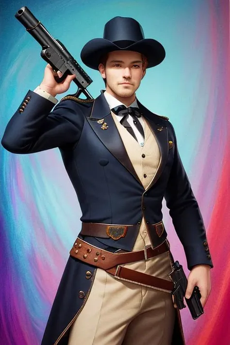 A man in musketeer clothing holding an gun and posing, ultra detailed, (abstract:1.2)