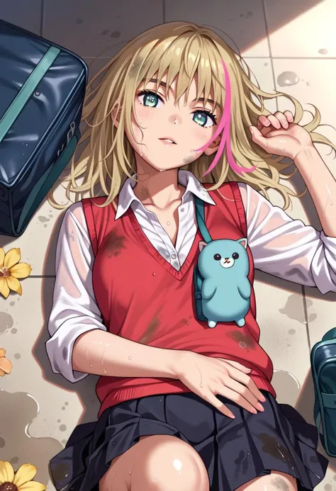 <:1>, kawai rika, blonde hair, pink streak,
school uniform, red vest, white shirt, collared shirt, sleeves rolled up, school bag, shoulder bag, black skirt, pleated skirt
lying, on back, looking at viewer, head tilt, pov, dirty, wet clothes, wet hair,
pudd...