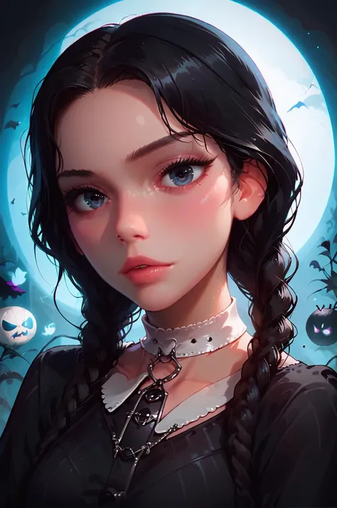 1girl, Wednesday Addams (The Addams Family),(super high quality parts), hair in twintails, black hair, blue-black eyes, pretty face, pale skin, pretty face, DRESS WITH COLLAR, BLACK LONG DRESS, COVERED SHOULDERS, COVERED CHEST, COVERED NECK, POFF SLEEVES, ...