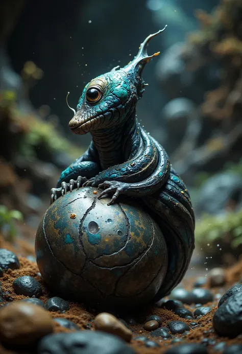 (creative:1.3), portrait, close up, a teardrop-shaped slug-like creature rolling around on a steel ball, with a one smaller steel ball for an eyes, alien landscape behind
 <lora:fluxenhancer:0.8>, <lora:frazetta_flux_v2:0.75>