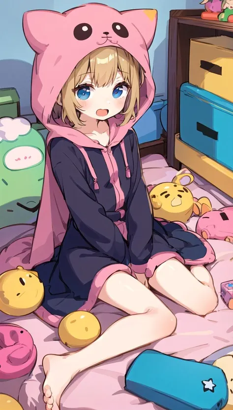 beautiful illustration, best quality, cute girl, kigurumi, petite, wariza, (messy) room, bare foot, round face, toys, happy