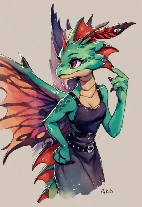 score_9, score_8_up, score_7_up, score_6_up, score_5_up, score_4_up,zPDXL, source_cartoon,(female:1.2), (dragon, faerie dragon, girl), head feathers, claws, beautiful, cute, punk, hand on hip, colorful wings, dress, thinking, sexy, 8k detail, watercolor