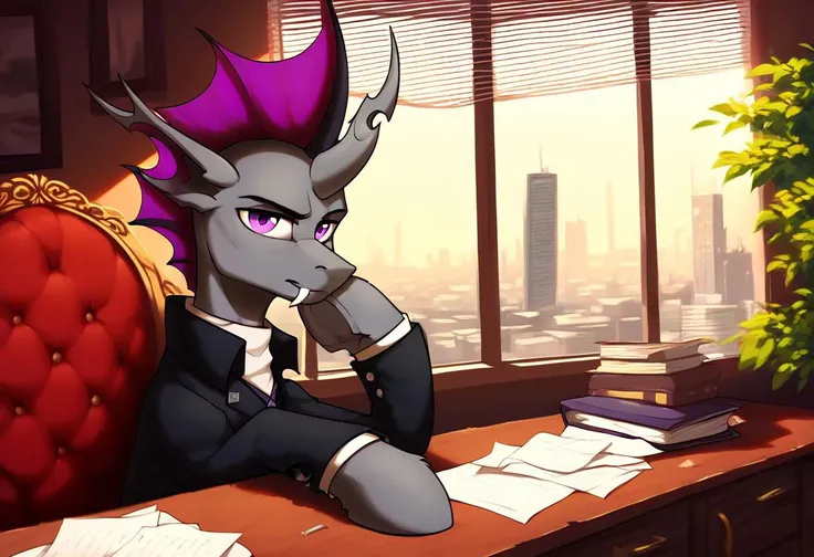 masterpiece, score_9_up, score_8_up, score_7_up, score_6_up, (best quality:1.1), ultra-detailed, high resolution, 1character, male, Neptun Herbst, mlp, changeling, feral, ragged ears, (((beautiful detailed purple eyes))) , crooked horn, gray skin, purple m...