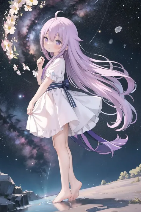 <lora:kantoku_v0.1:0.85>, 1girl, solo, (from side:1.1), (looking afar:1.1), walking, white dress footwear, sky background, night sky, starry sky, galaxy, bare feet, happy, full body, looking up, kantoku((masterpiece, best quality)), light purple hair, purp...