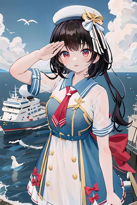 (best quality, high quality, masterpiece),(absurdres, highres),
1girl,yousa, flat chest,red eyes,dress, hat,upper body,light smile, standing, salute,
ocean,seagull, blue sky, ship, 
 <lora:yousa_seagull_V2:0.75>