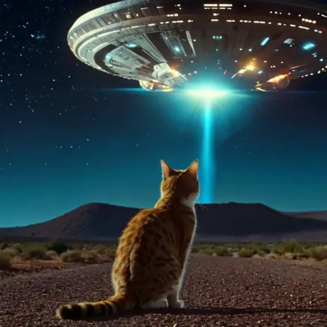 UHD, 4k, ultra detailed, cinematic, a photograph of  
In the 1970s a cat standing in front of a giant alien spaceship in a close encounter,solo,one cat ,standing,outdoors,sky,night,star (sky),scenery,1other,starry sky,science fiction,fantasy,space,planet,s...