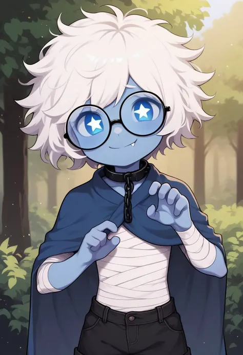 score_8_up, score_7_up, score_6_up, score_5_up, sky blue skin, white hair, blue eyes, closed mouth, shy smile, messy hair, short hair, outdoors, forest, star shaped eyes, glasses, fang, blue cape, black shorts, demon, sfw, young, bandaged body, chain colla...