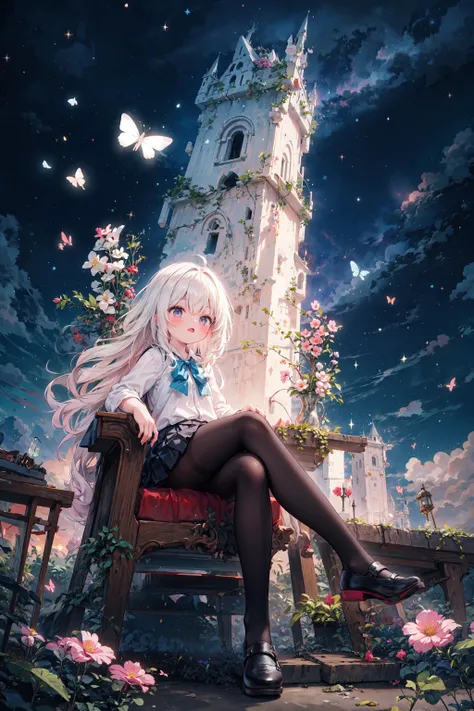 1 girl, 15yo, solo, white hair, long hair, lady shirt, butterfly bowtie, pleated skirt, black tights, strap shoes, throne, medieval castle, pink flowers, night sky, stars, wide angle, realistic, beautifully detailed background, depth of field, HDR, ambient...