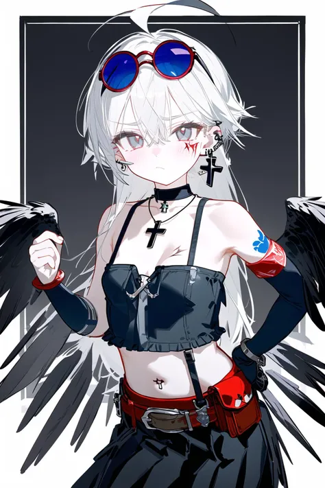 1girl ahoge alternate_costume arm_tattoo armband bare_arms bare_shoulders belt belt_pouch bird_tattoo black-framed_eyewear black_background black_choker black_feathers black_gloves black_shirt black_skirt black_wings blunt_bangs breasts choker cleavage clo...