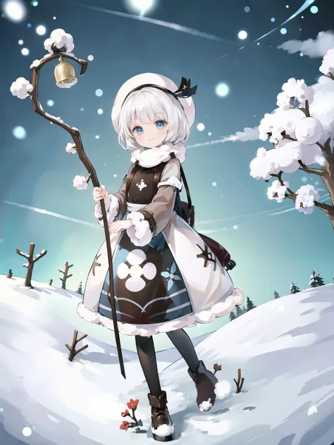 <lora:cotton_cookie:0.8> crkcotton, blue eyes, short hair, white hair, hat, dress, long sleeves, staff, bell, outdoors, winter, snow, best quality, high quality, masterpiece, highres, absurdres, solo, full body, tree, brown dress BREAK, smile, holding, tre...