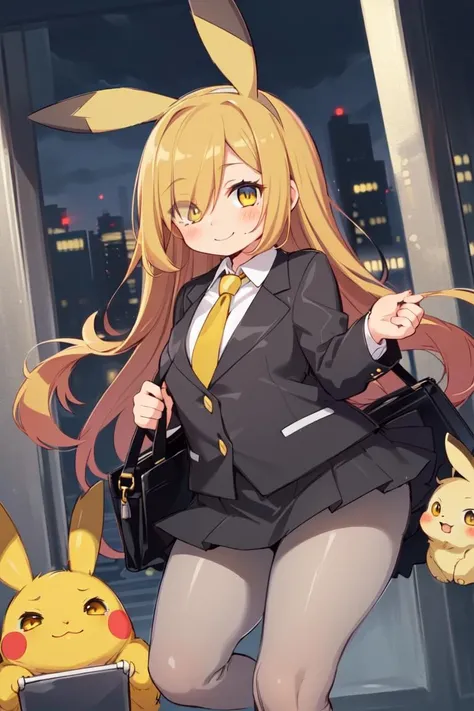 (best quality, masterpiece,cute, RAW photo,ultra-detailed:1.2), <lyco:GoodHands-beta2:1.0>,1girl,solo,looking at viewer, smile, (hair over right eye:1.2),
bags under eyes,Pikachu, school uniform, (Black jacket), tie, white shirt, red tie uder jacket, blond...
