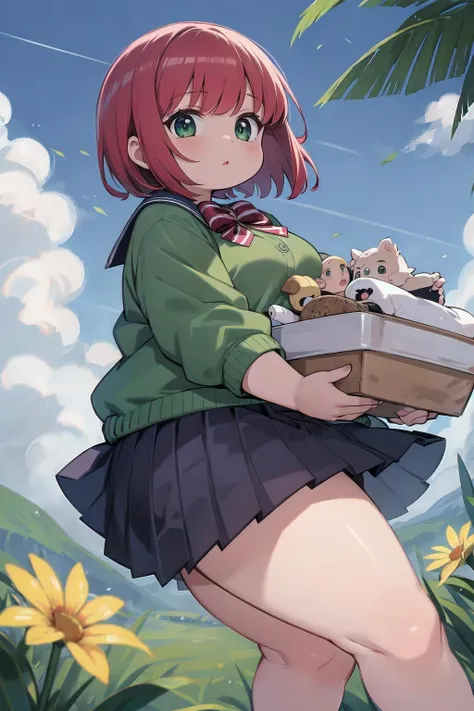 anime girl with a box of teddy bears in her hands