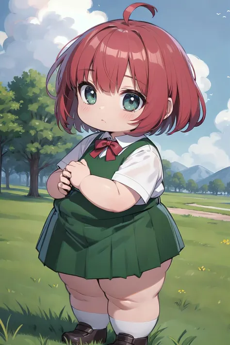 anime girl in green school uniform standing in a field