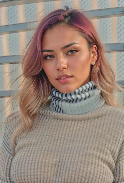 color professional photo of (EmmaBinnya:0.8), uhq, detailed face, piercing eyes, (wearing denim turtleneck sweater with a gingham shirt:1.4), best quality, ultra-detailed, solo, contrast, clear sky, analog style (look at viewer:1.2) (skin texture) (film gr...