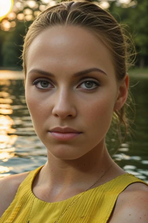 a realistic photograph of beautiful(Wh1tn3y:1.1) woman wearing a (deep yellow sun dress:1.2),(fishing:1.1), in a rowboat on a quiet lake,surrounded by a forest,modelshoot style,(extremely detailed CG unity 8k HDR UHD wallpaper),professional majestic photog...