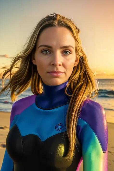 a realistic photograph of (fit and muscular:1.2) beautiful(Wh1tn3y:1.1) woman wearing a full length (Colorful neon irridescent wetsuit:1.3),standing on a beach in Fiji,next to a surfboard,hourglass figure,with sunsetting on horizon,facing viewer,seductive ...