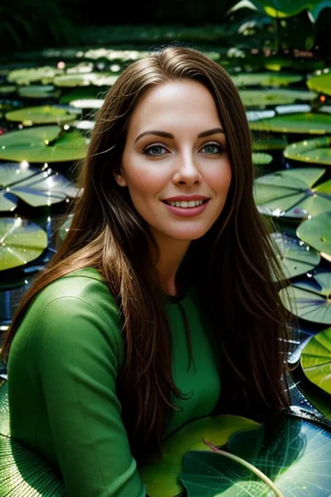 a realistic photograph of beautiful(Wh1tn3y:1.1) woman as a (winged forest fairy:1.2),(sitting on a lily pad:1.4),smiling,light,elemental magic,righteous,(dappled sunlight:0.7),complimentary colors,particle dust,green embers,(vegetation),plants,(no humans:...