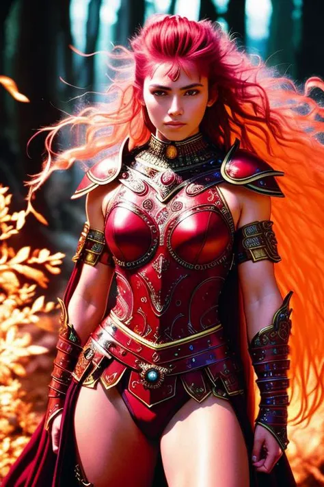 Hyperdetailed portrait of a woman warrior, fantasy magic atmosphere wide shot, ultrarealistic UHD face, Kodak Ultra Max 800, 85mm, soft lighting, detailed skin texture, elaborate background, masterpiece, sharp focus, intense, Hasselblad, crimson knight, hi...