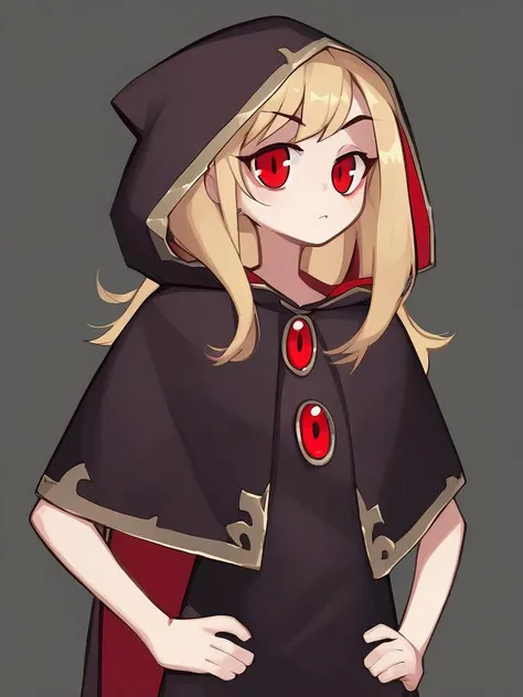 <lora:Bumblesteak-PonyXL-1024px:0.7>
score_5_up,
1girl, solo, standing, hands on hips,  hooded cat cloak, long hair, blonde hair, red eyes