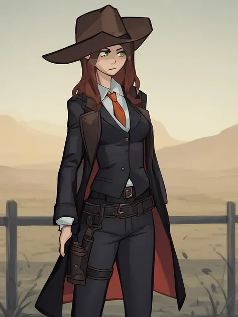 <lora:Bumblesteak-PonyXL-1024px:0.9>
score_5_up,
1girl, solo, standing, wearing (black coat, vest, tie, belt, pants, cowboy hat), holster, breasts, long hair, outdoors