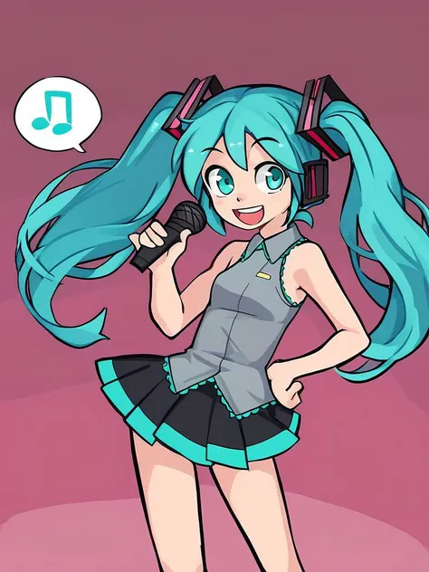 <lora:Bumblesteak-PonyXL-1024px:0.8>
score_5_up,
1girl, solo, dancing, holding microphone, hand on hip, aqua hair, aqua eyes, twintails, hair ornament, hatsune_miku, smile, open mouth, sleeveless, spoken note