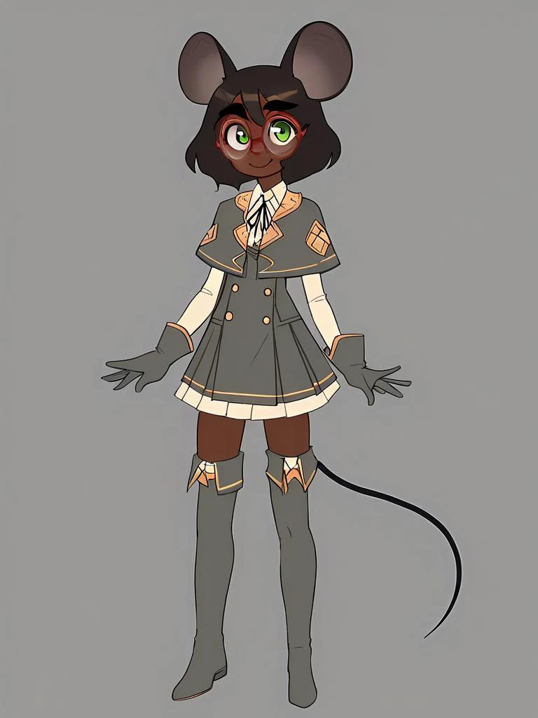 <lora:Bumblesteak-PonyXL-1024px:0.8>
score_5_up,
1girl, animal ears, solo, tail, mouse ears, mouse tail, gloves, green eyes, glasses, thighhighs, :3, simple background, grey background, short hair, capelet, boots, furry, dark skin, skirt, furry female, ful...