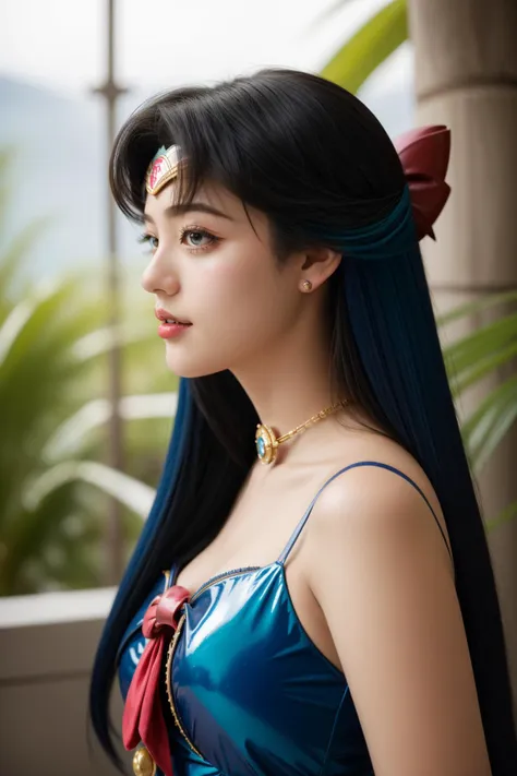 a woman with long black hair wearing a blue dress and a red bow