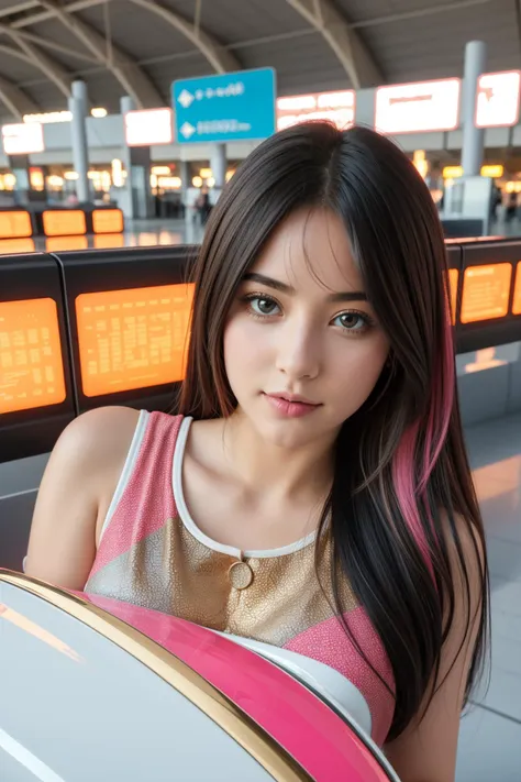 arafed asian woman with long hair holding a suitcase in an airport