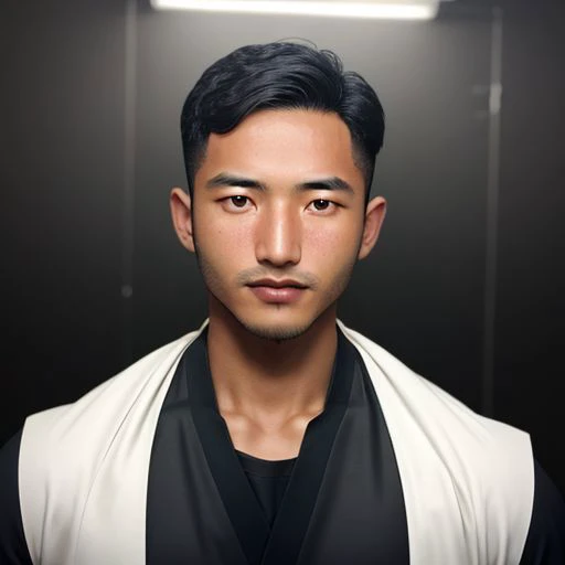 a close up of a man with a black shirt and a white shawl