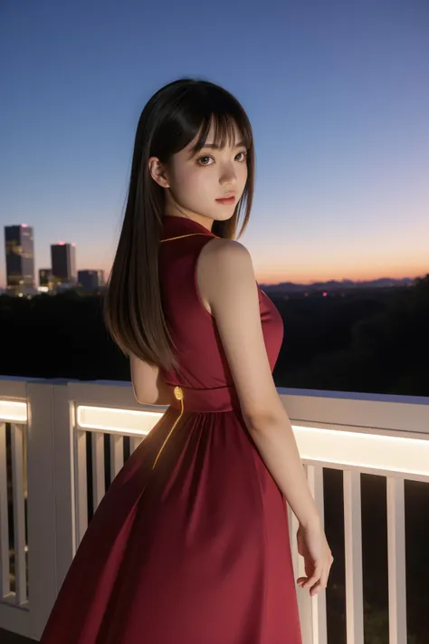 a close up of a woman in a red dress standing on a balcony