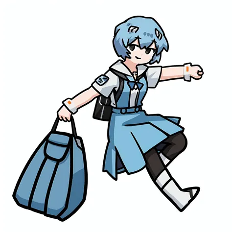 cartoon girl with blue hair and a backpack pointing at something