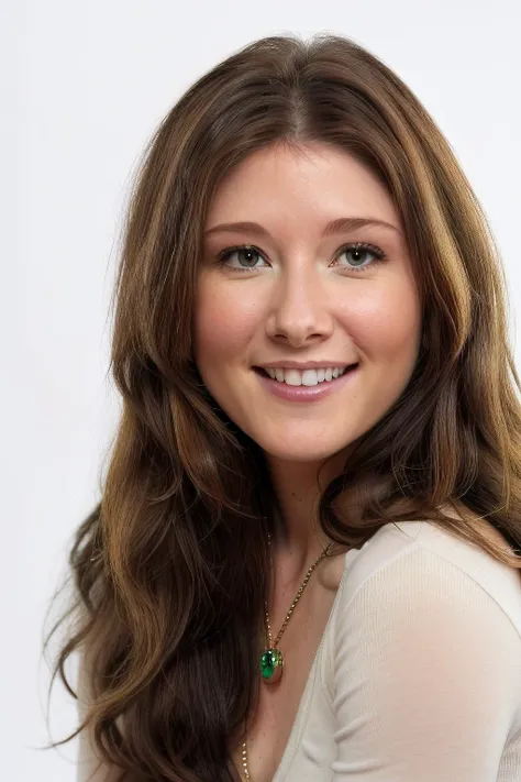 a close up of a woman with long hair and a necklace