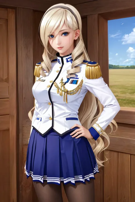 (masterpiece, best quality:1.2), <lyco:walkureromanze_aintree-12:1.0>, cowboy shot, solo, 1girl, aintree, (slight smile:0.9), looking at viewer, hand on hip, hairband, uniform, epaulettes, pleated skirt, pantyhose