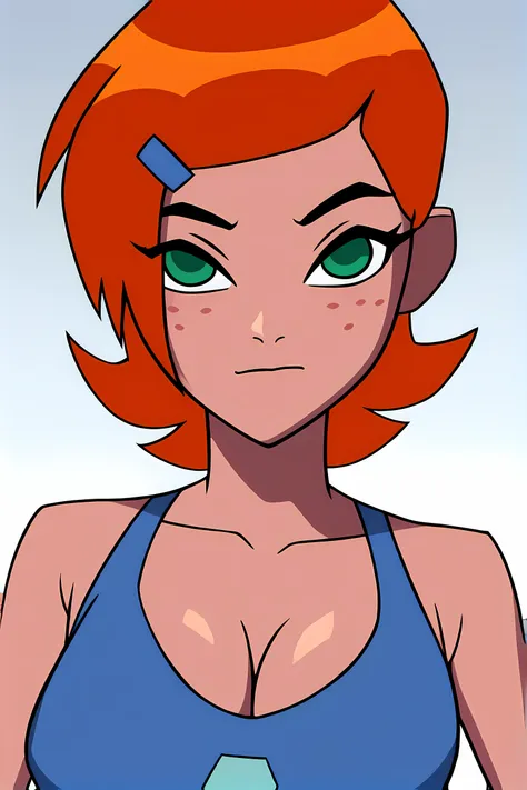 a cartoon image of a woman with red hair and green eyes