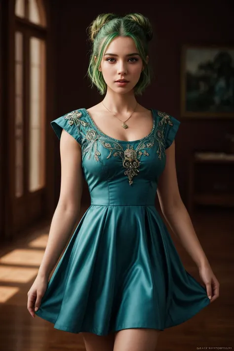 photo of elegant woman, green hair, short hair, double bun, blue dress, short dress, butterfly, skull hair ornament beautiful,4k, very ornate,8k, cinematic lighting, trending on artstation, oil painting by greg rutkowski, character design by charlie bowate...