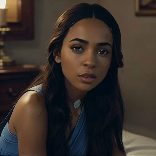 a woman in a blue dress sitting on a bed with a lamp