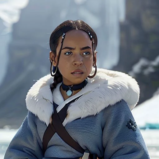 (high detailed skin:1.2), full body, 1girl, katara, toned, dark skin, braid, blue fur coat, jewelry, looking at viewer, upper body, iceberg background, sea, arctic, blue eyes, small details, photorealistic, ultra-realistic photo, 8k uhd, dslr, soft lightin...