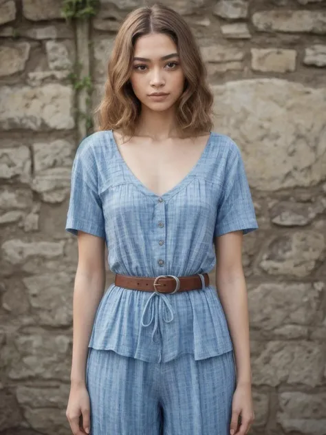 a woman in a blue jumpsuit stands in front of a stone wall