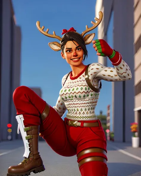 <lora:Fortnite_Reindeer_Raider:0.5>, FR_Reindeer_Raider, (Red Nose:1.2), Christmas Sweater, Gloves, Christmas Holly, Parachute Pants, Wrist Gauntlet, Arm band, Shin Guards, Boots, grin, looking at viewer, volumetric lighting, city street, cgi, 3d, octane r...