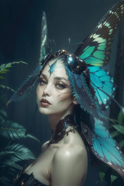 ((The insect girl in the forest,butterfly shaped face,No human face,face like a butterfly mask,butterfly alien,Big wings,Spread ones wings,A butterfly spreading its wings,(design for consistency,Suitable design))),(vitality,Natural jungle,plant:1.3),
(Slee...