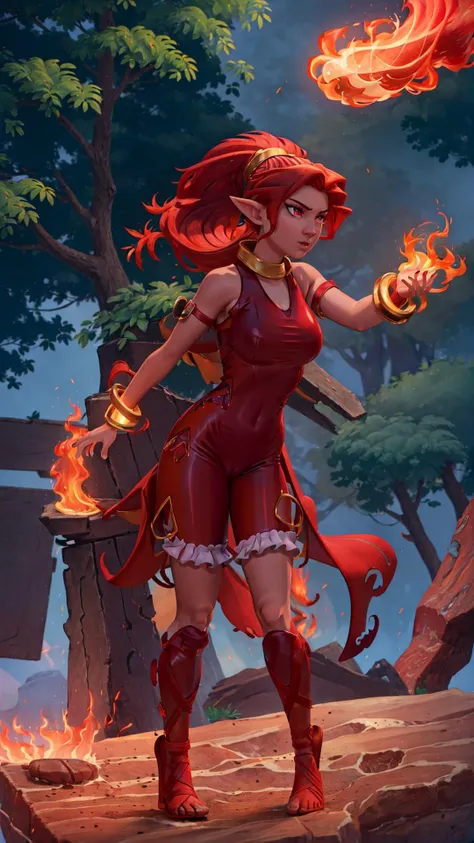 <lora:Fiery_Hair:0.8> (Fiery Hair, fiery hair, hair on fire, glowing:1.25), BREAK, <lora:Din_Zelda_Anime:0.7> Din Zelda, 1girl, dark skin, red unitard, red hair, ponytail, jewelry, BREAK,, masterpiece, best quality, extremely detailed, highly quality, 4k, ...